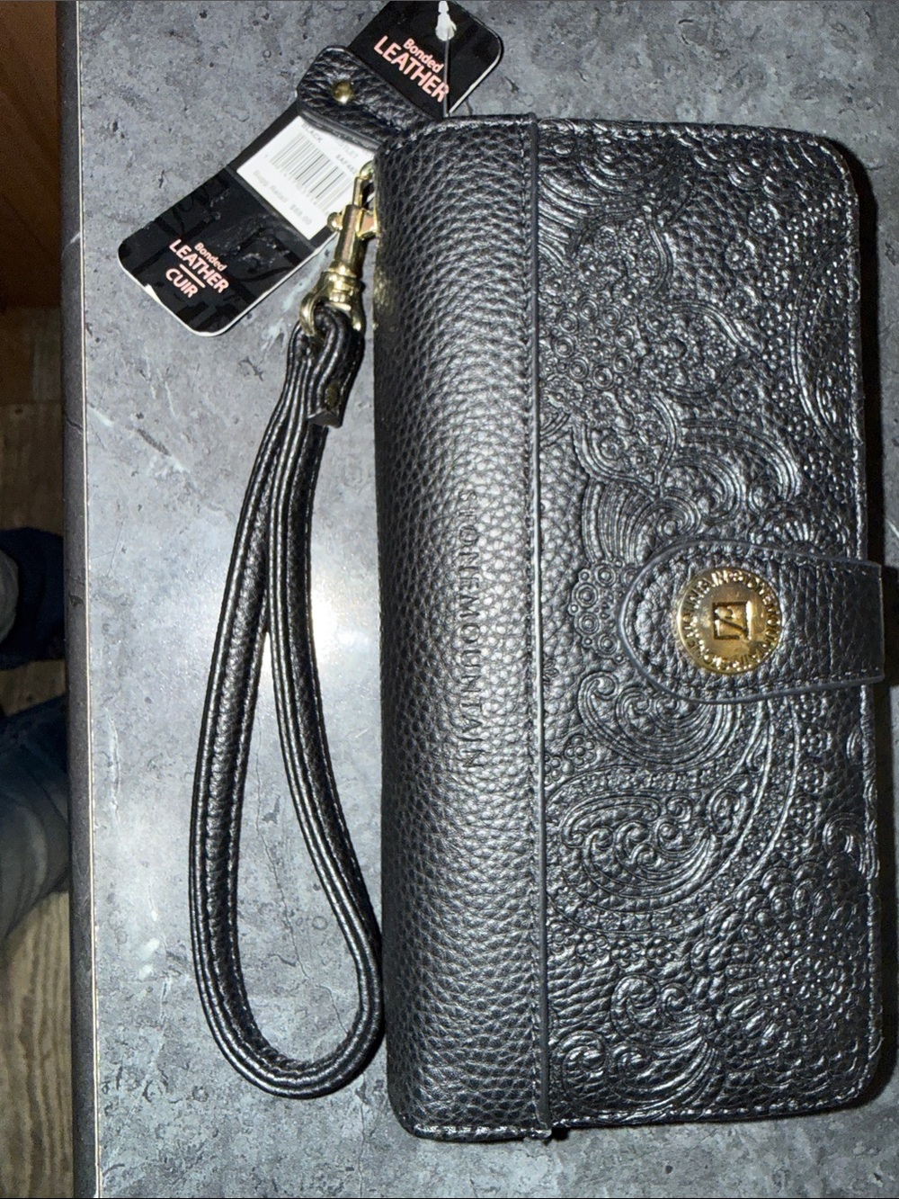 Leather Embossed Black Wristlet Phone Case - Unbranded